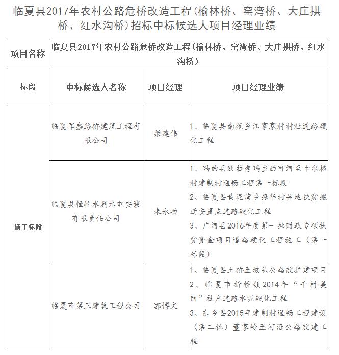 中标候选人项目经理业绩