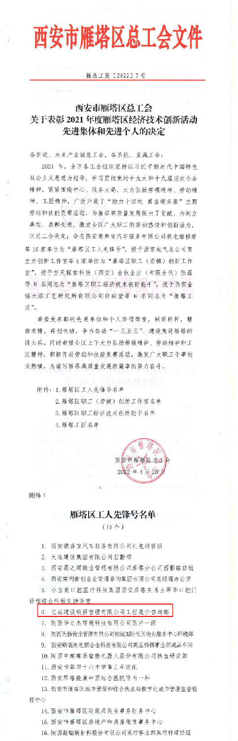 喜讯|亿诚管理工程造价咨询部喜获“雁塔区工人先锋号”荣誉称号